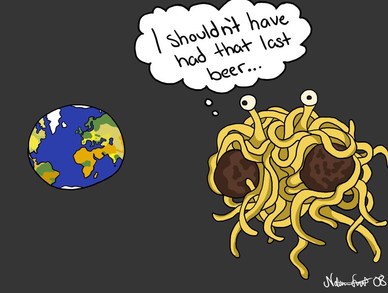 Spaghetti monster thinks about beer