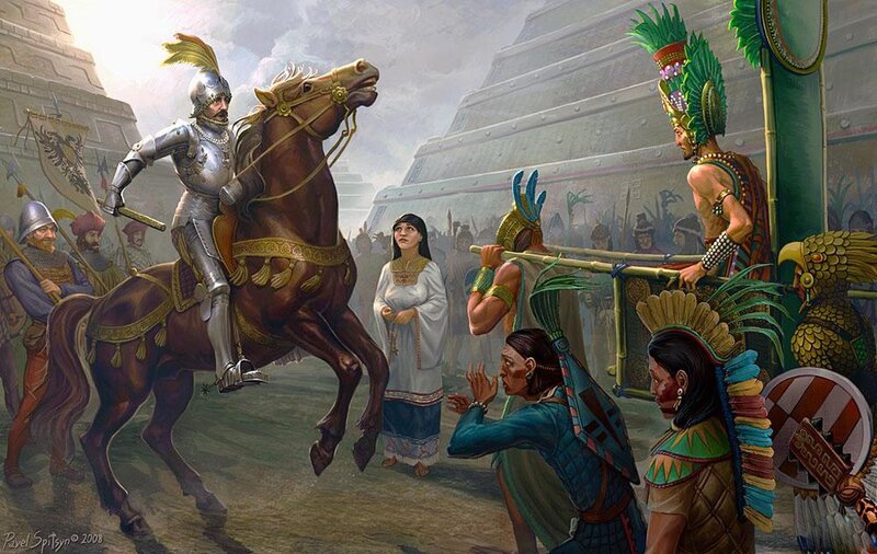 Spanish conquistador meets Aztec leaders