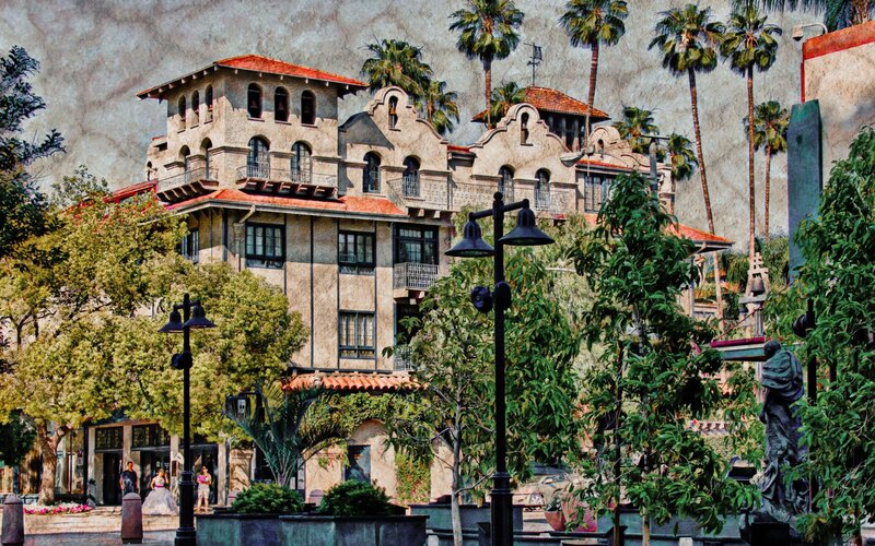 Spanish-style Building with Palm Trees
