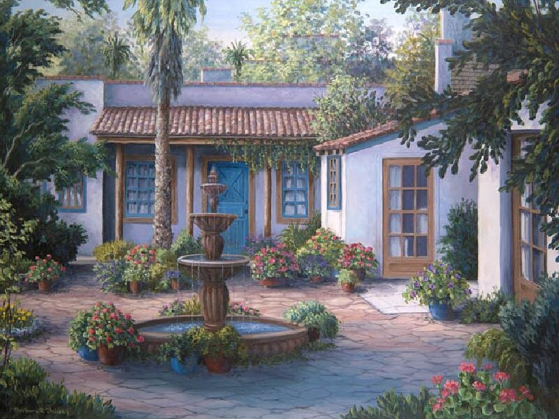 Spanish-style courtyard with fountain