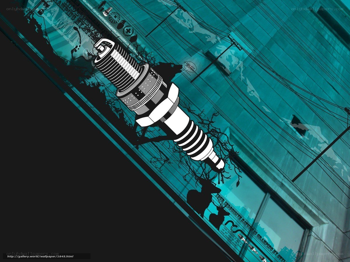 Spark plug art on city wall
