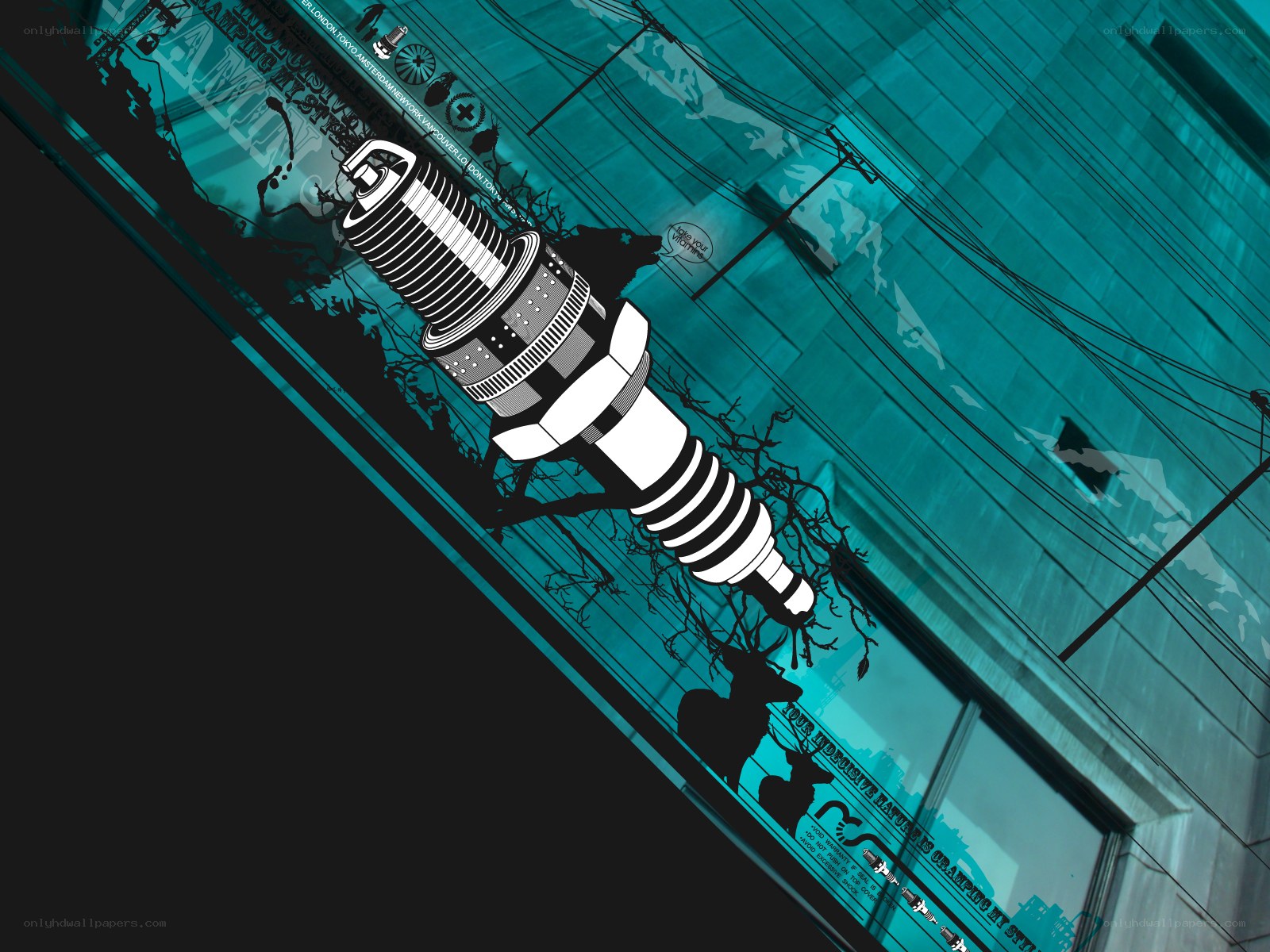 Spark plug art on city window