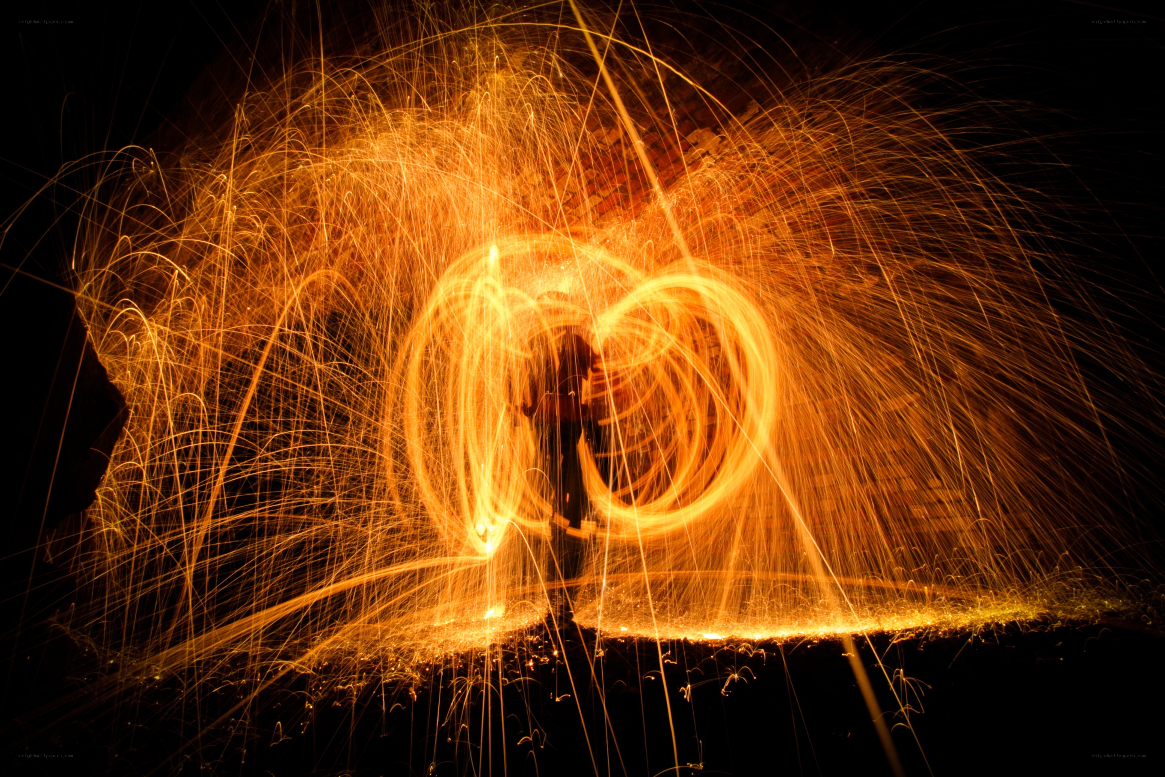 Sparks from spinning steel wool