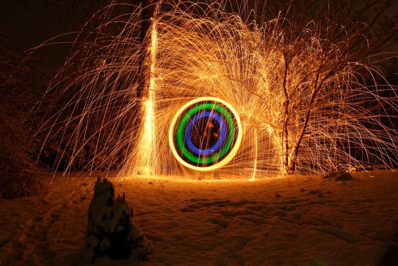 Sparks in the snow at night