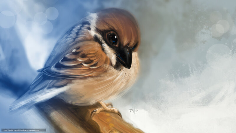 Sparrow on a Branch — Brown, Calm, Winter, Digital Art