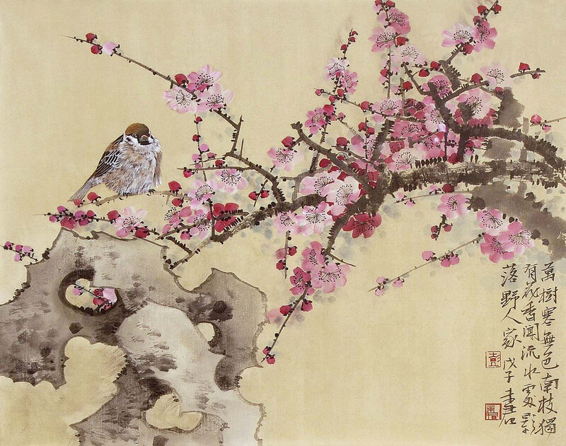 Sparrow on Plum Branch
