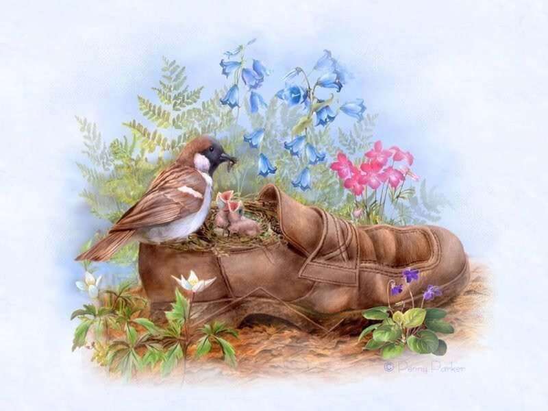 Sparrow with Chicks — Brown, Serene