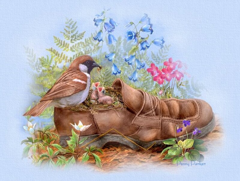Sparrow with Chicks — Brown