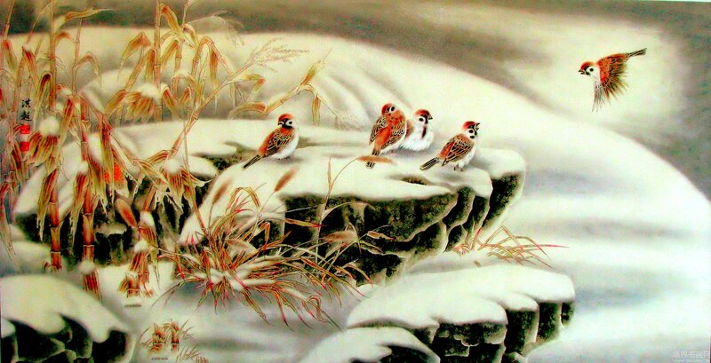 Sparrows in Snow — White, Serene