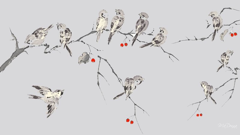 Sparrows on Branches — Gray