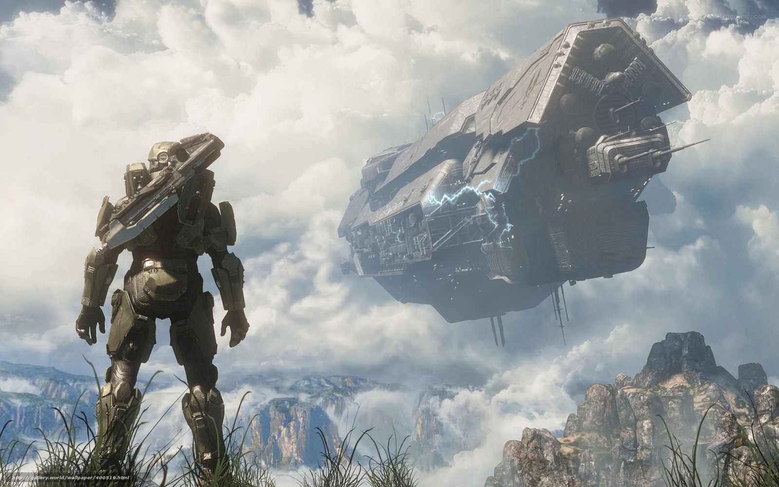 spartan and dropship in clouds