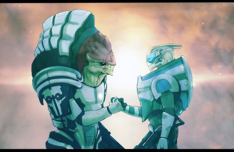 Spartan and Sangheili handshake