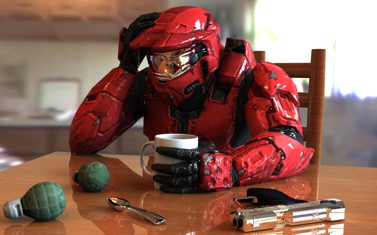 Spartan at a table with coffee