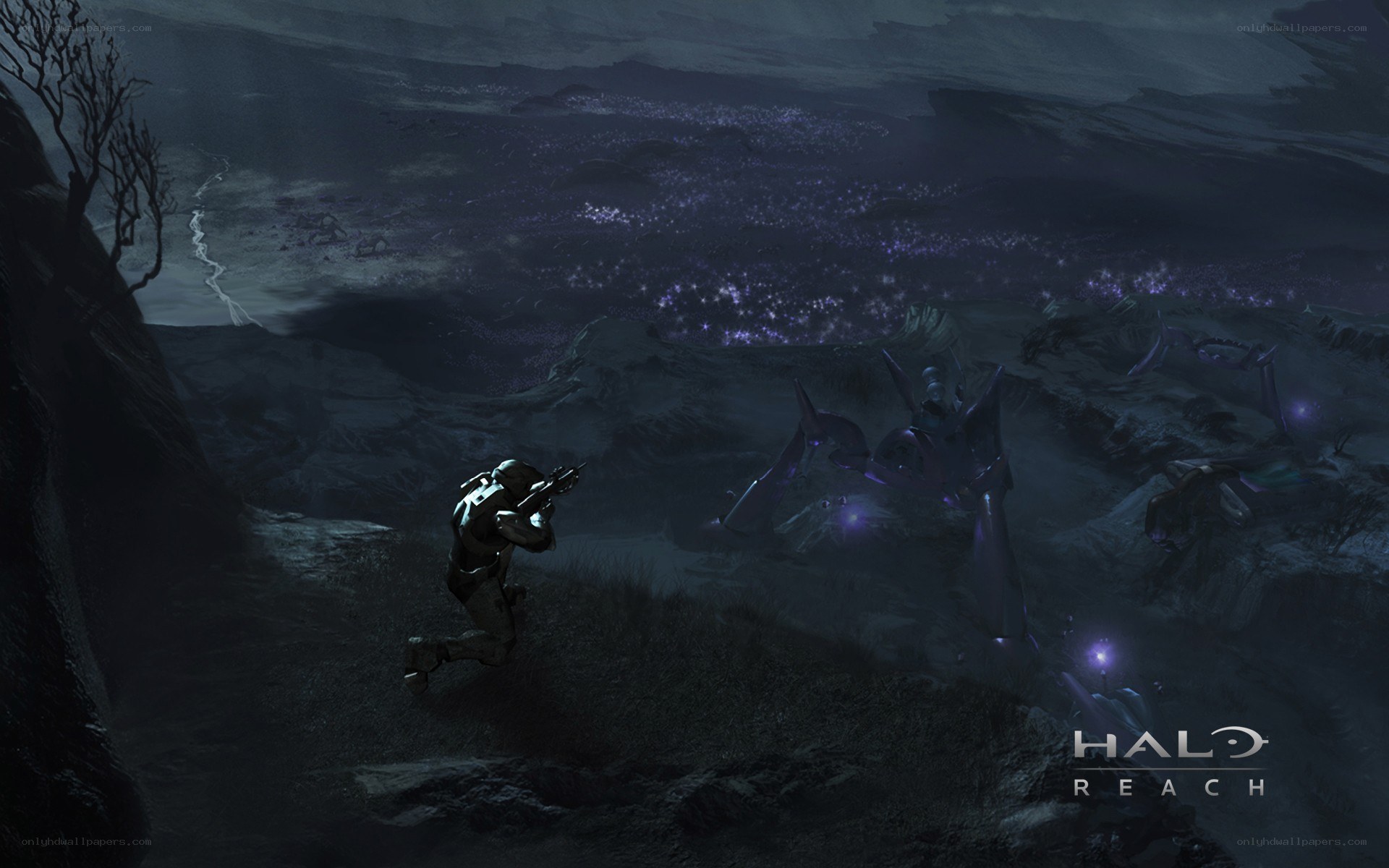Spartan in a dark alien landscape