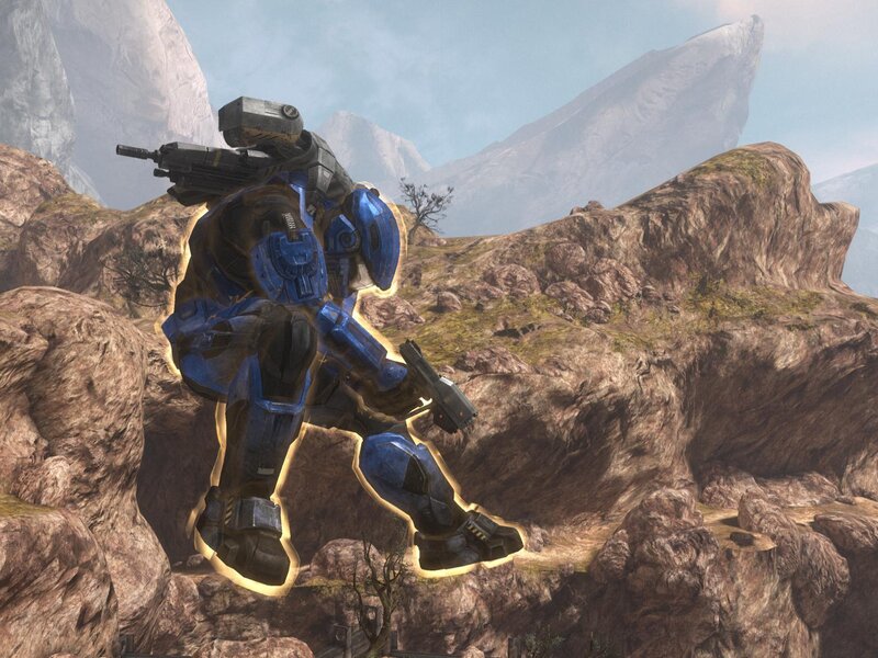 Spartan in blue armor on rocky terrain