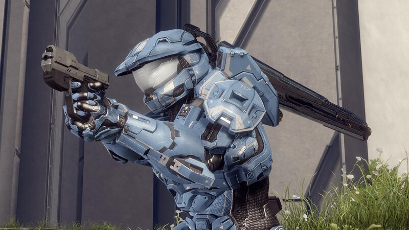 Spartan in blue armor with pistol