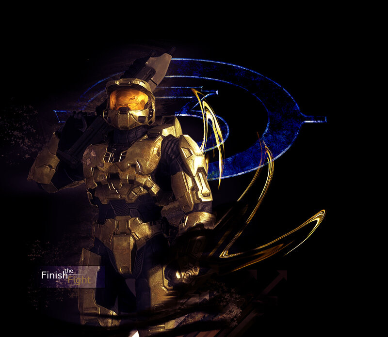 Spartan Soldier in Armor — Black, Dramatic, Night, Digital Art, Gun, Blue Logo