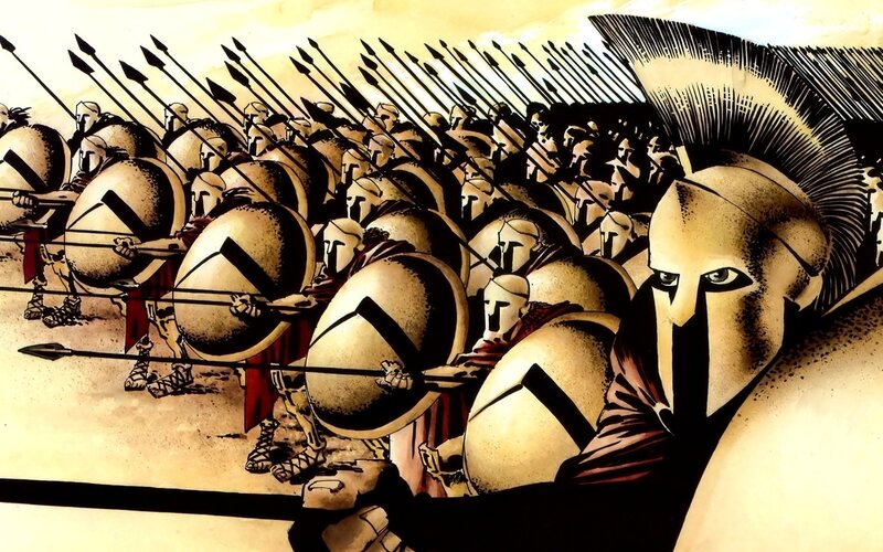 Spartan Soldiers in Formation — Brown, Dramatic, Comic, Spears, Shields, Helmets, Black