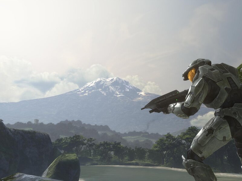 Spartan with rifle in mountain landscape