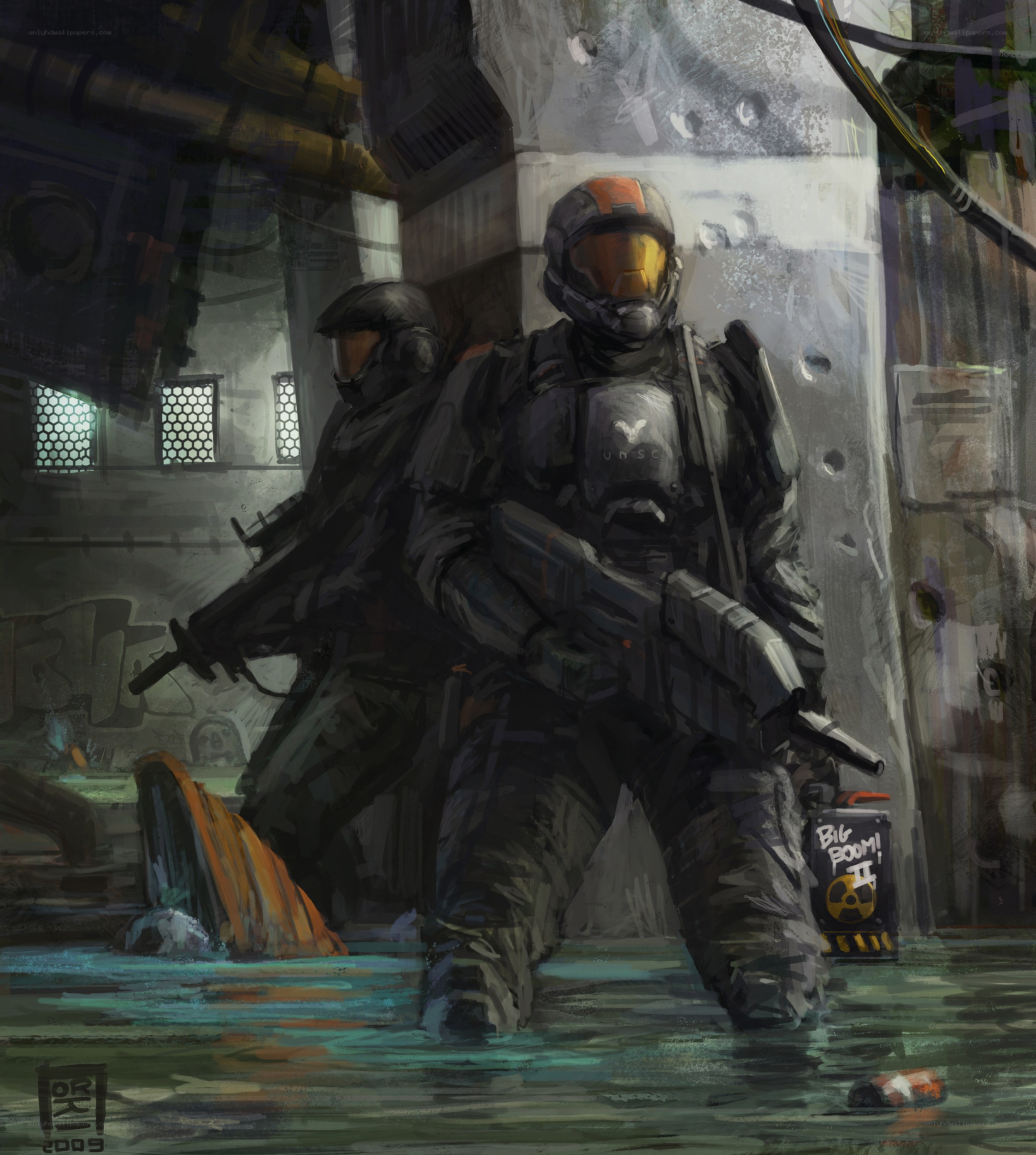 Spartans in flooded corridor
