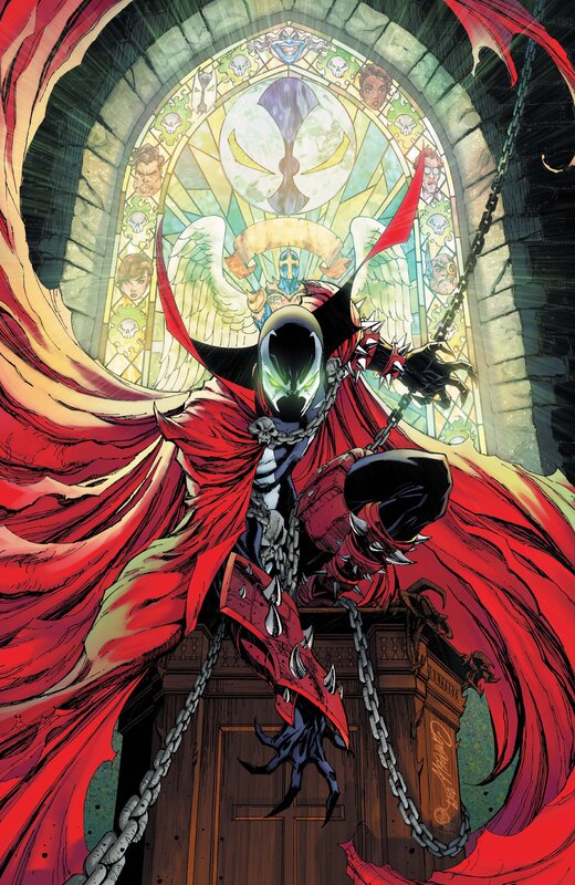Spawn Character in Red Cape — Dramatic, Comic, Stained Glass Window