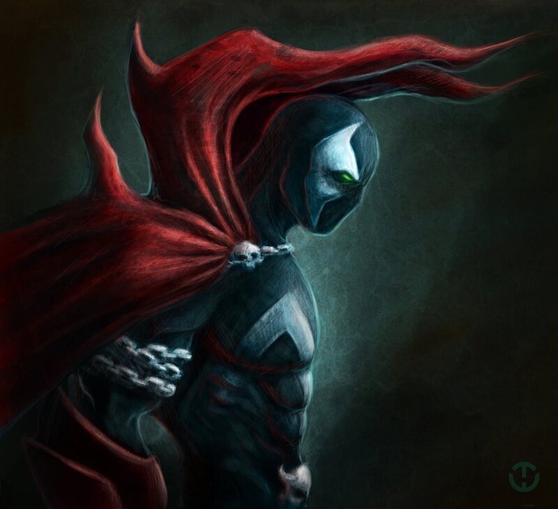 Spawn Character in Red Cape — Dramatic, Digital Art, Skull Necklace