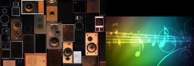 speaker collage with music notes