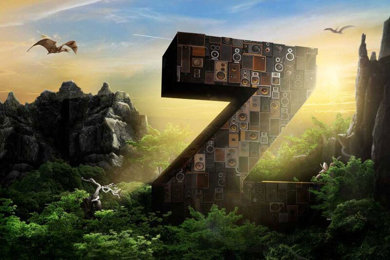 Speaker-shaped number seven in a fantasy landscape