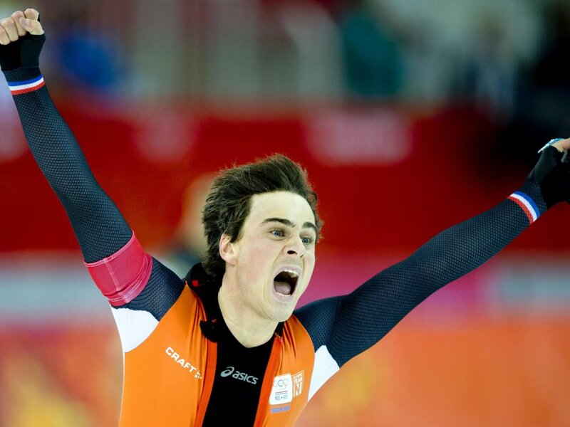 Speed Skater Celebrating — Orange, Celebratory