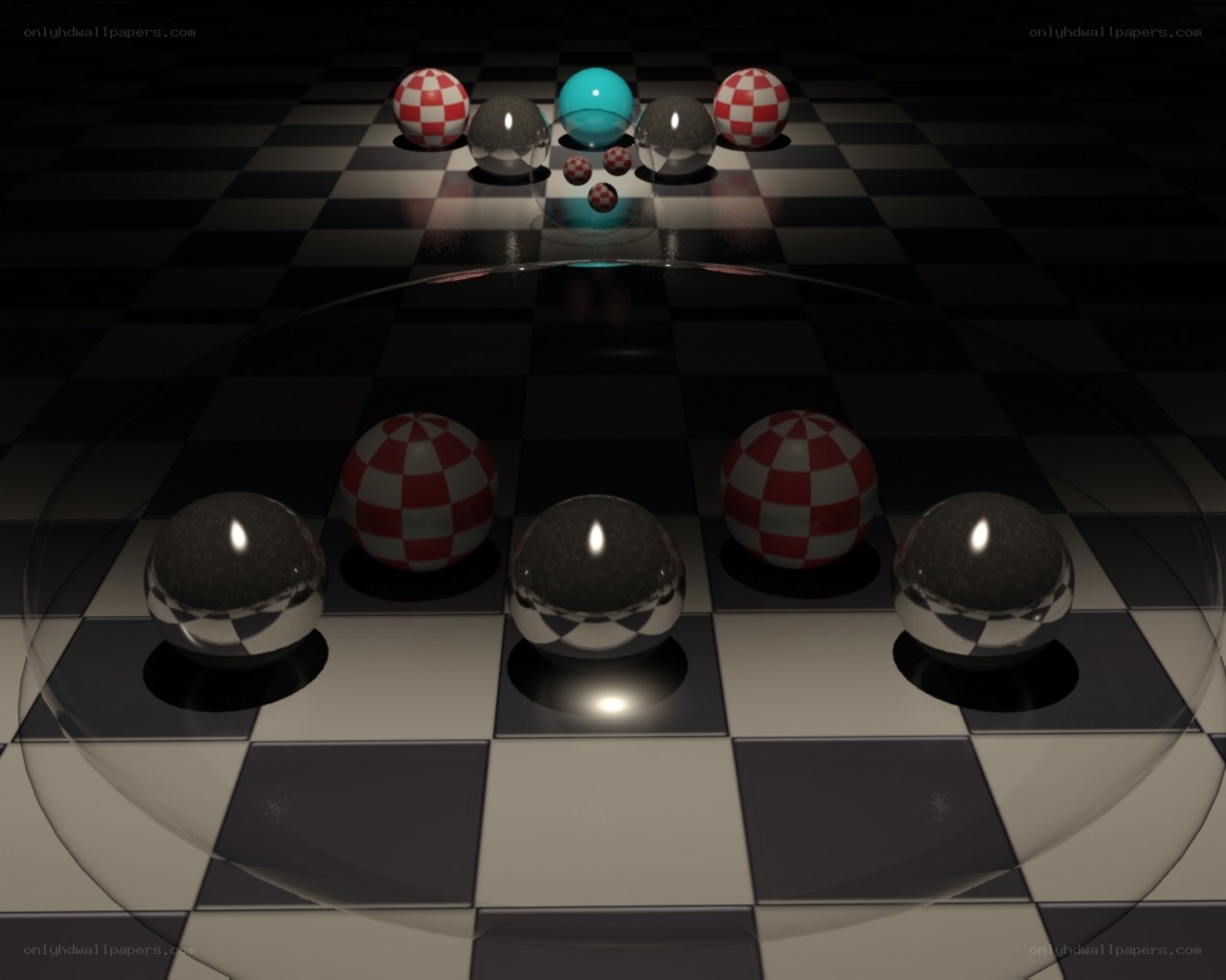 spheres on a checkered floor