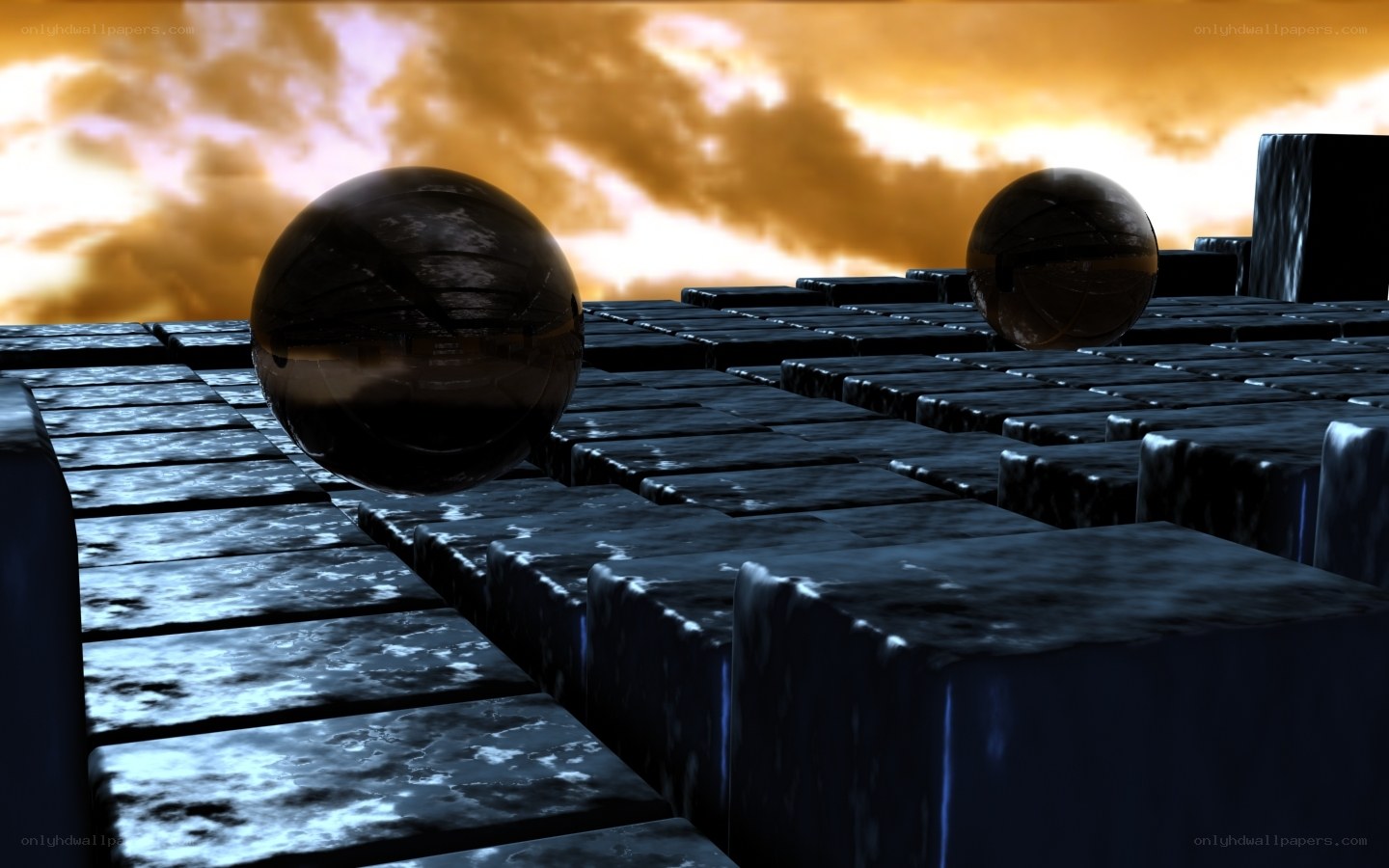 Spheres on a grid at sunset
