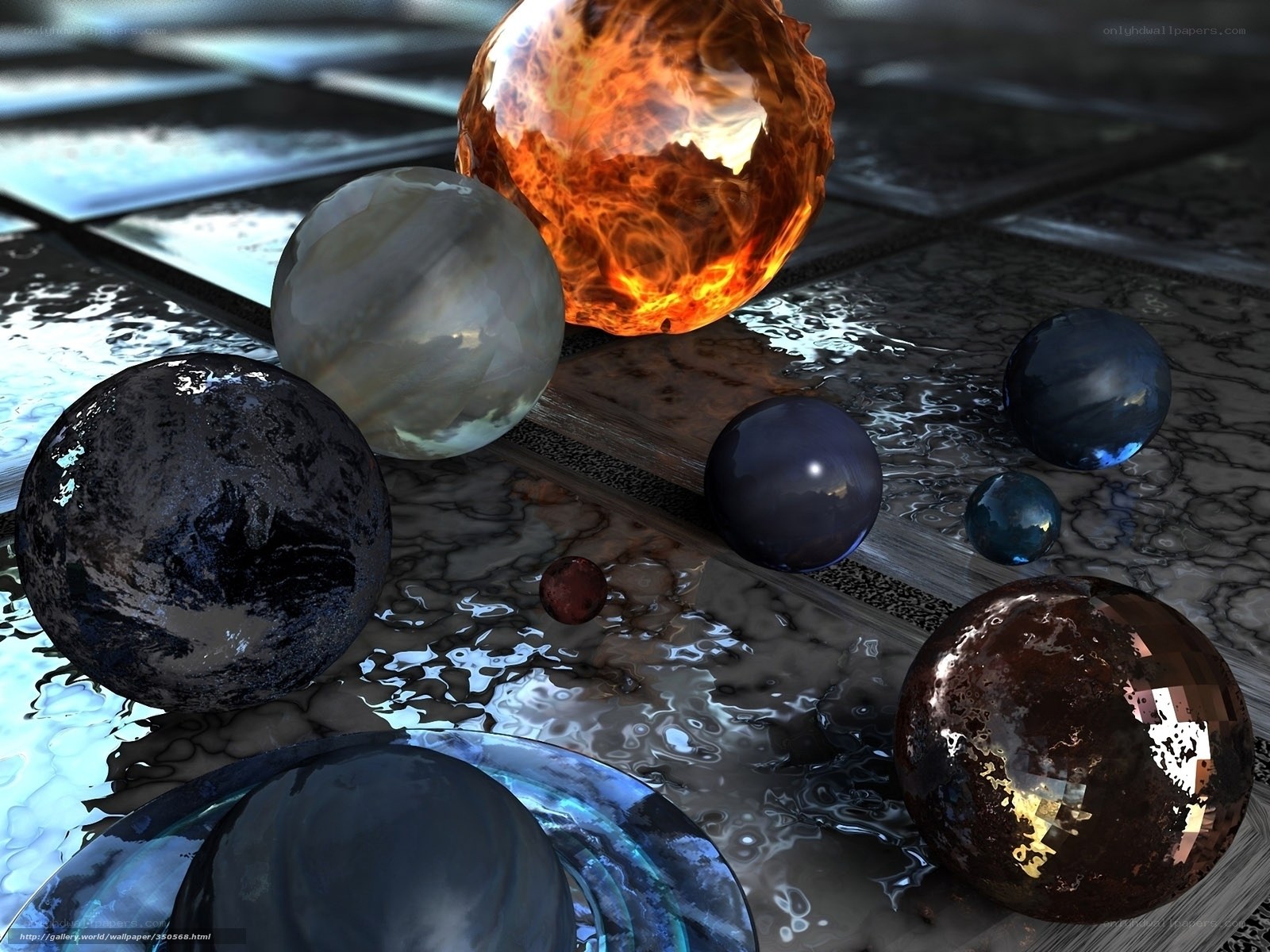 Spheres on reflective surface