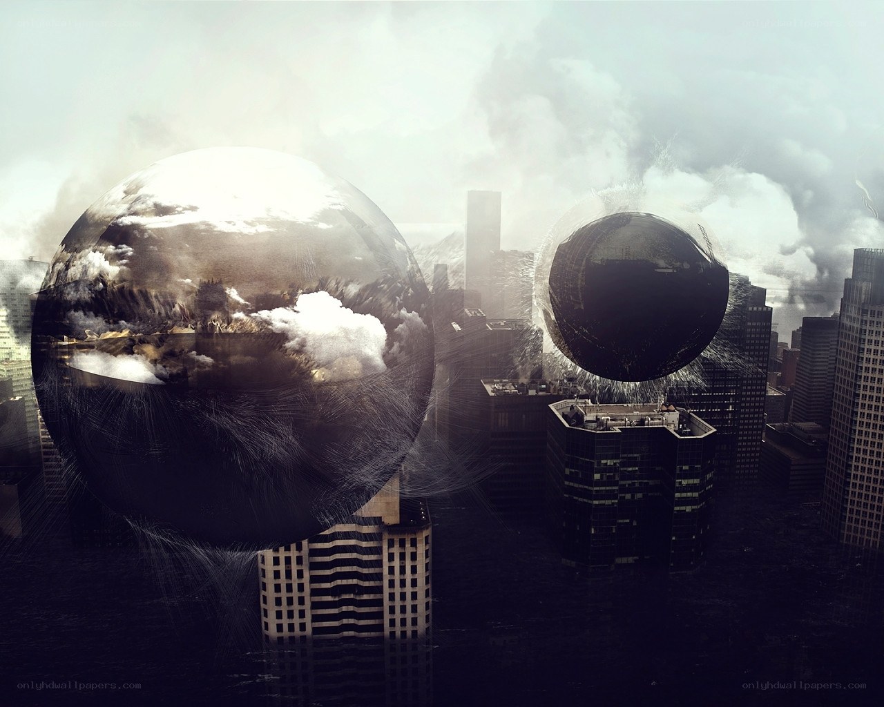 spheres over a city