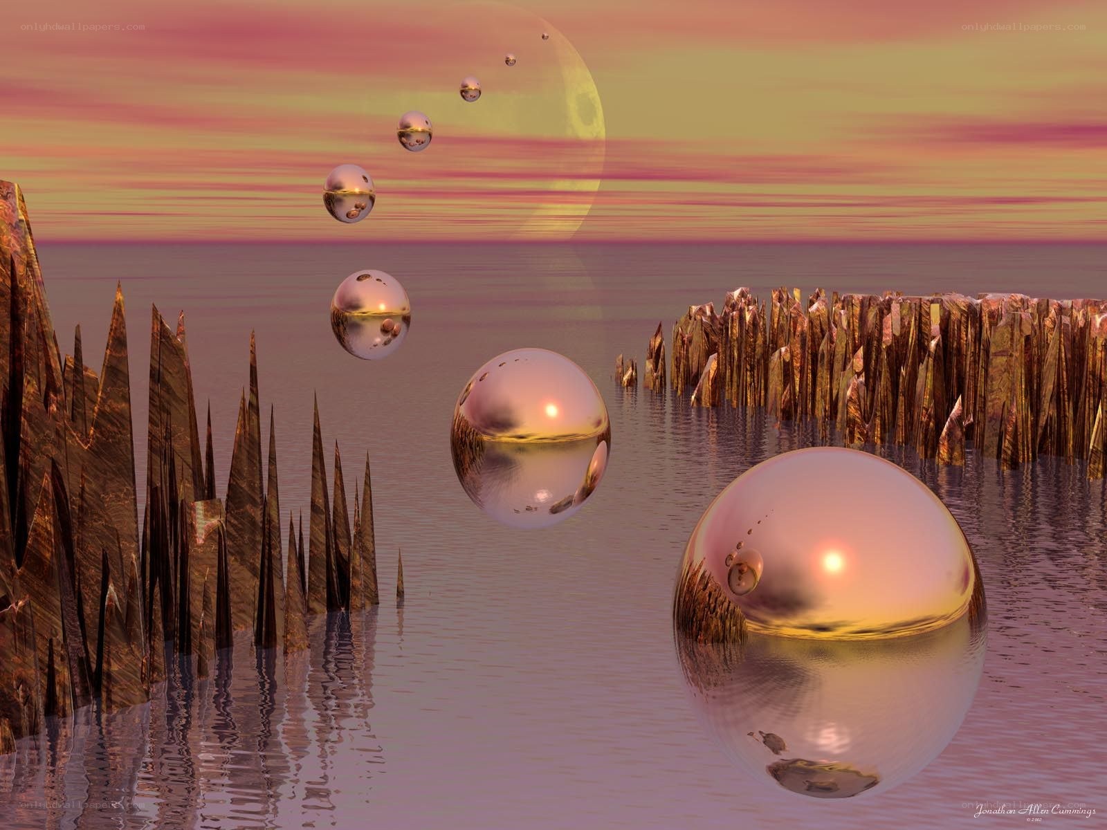 Spheres over a surreal landscape