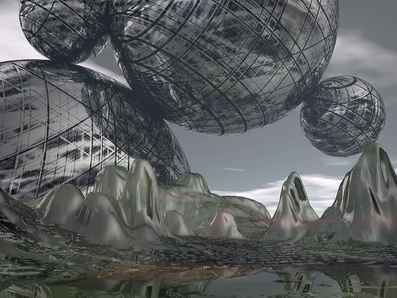 spheres over alien landscape