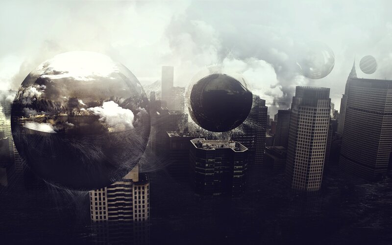 Spheres over City — Gray, Dramatic