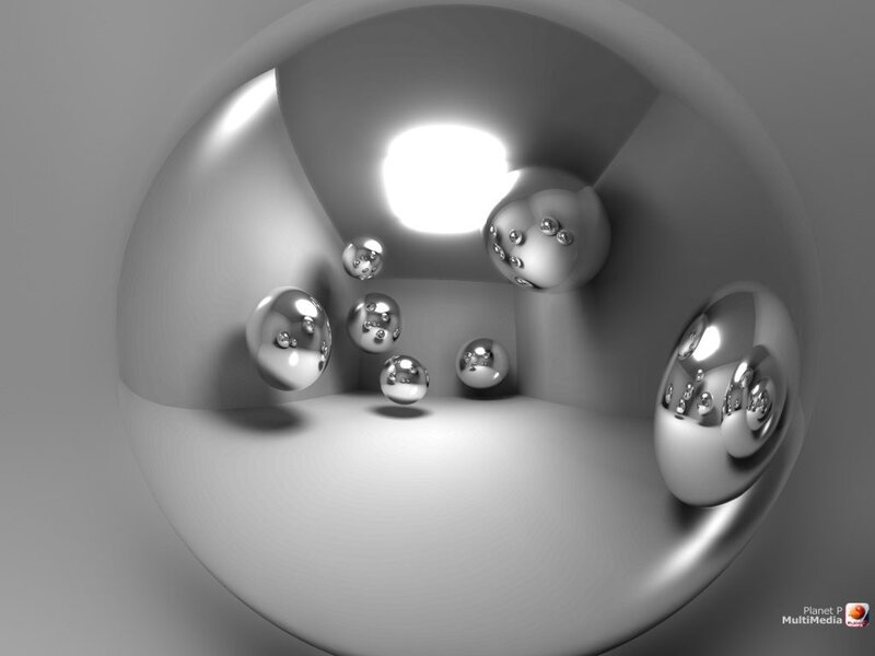 spherical mirror room with spheres