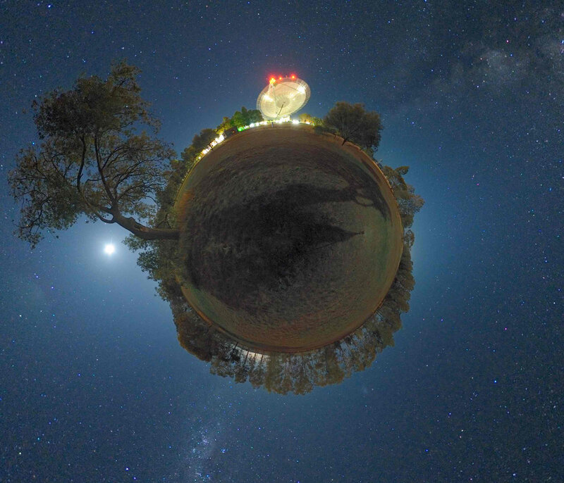 Spherical night sky with satellite dish