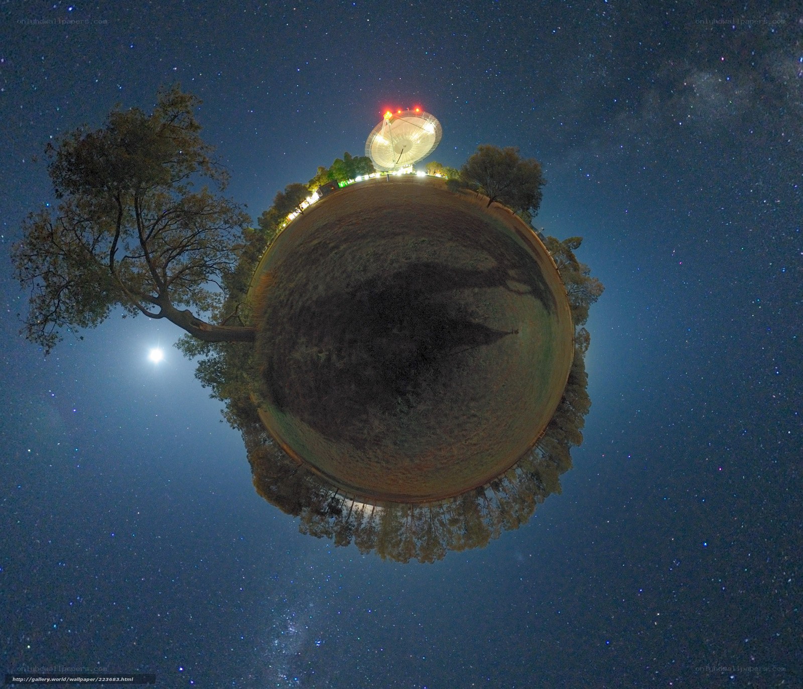 Spherical night sky with satellite dish