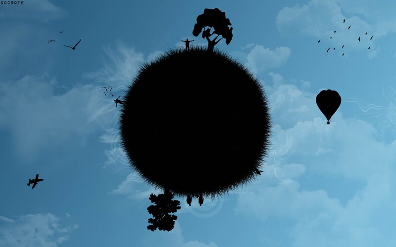 spherical world with silhouettes
