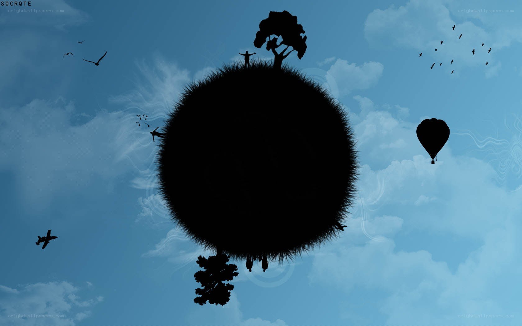 spherical world with silhouettes
