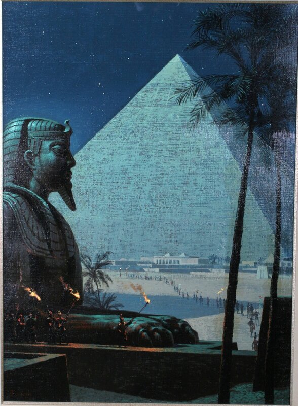 Sphinx and pyramid at night