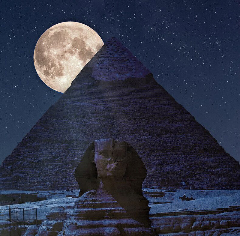 Sphinx and Pyramid — Blue, Dramatic, Night