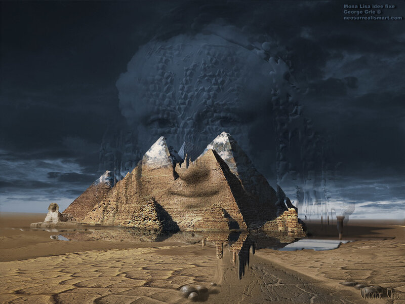 Sphinx and pyramids under stormy sky