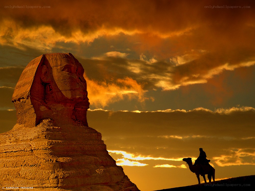 Sphinx at sunset with camel