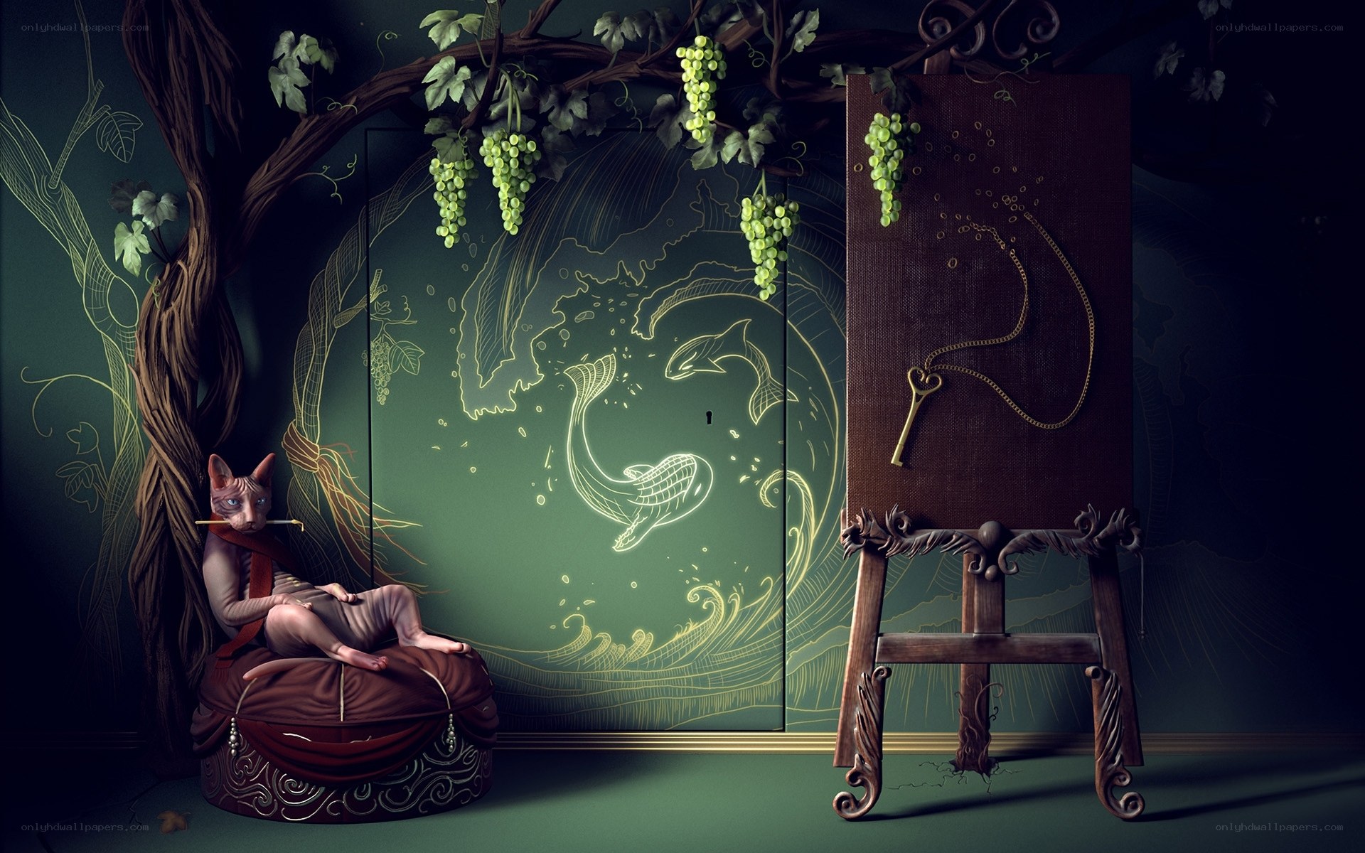 Sphinx cat in a surreal room