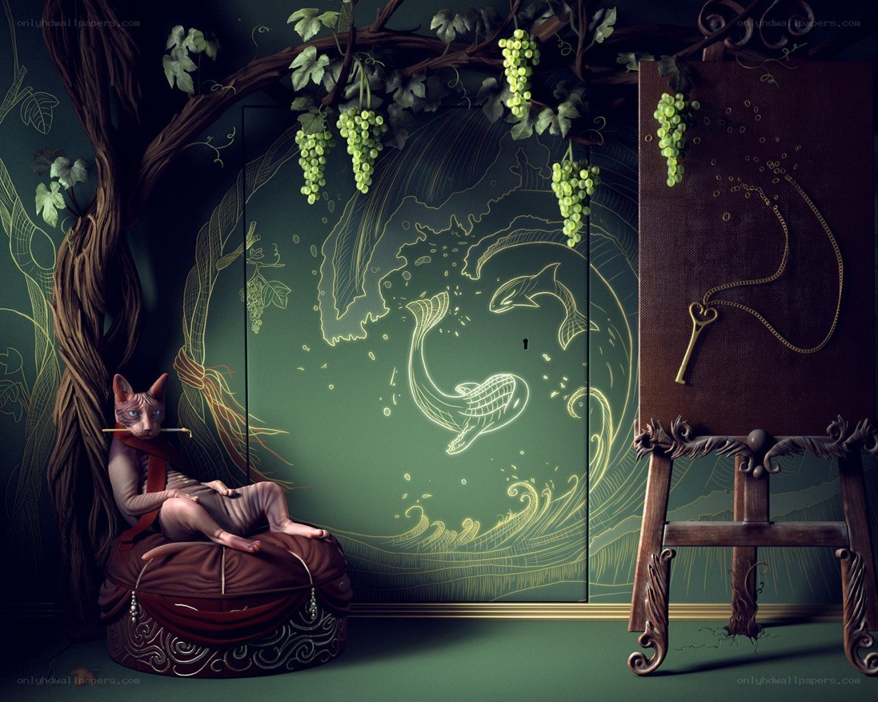 Sphinx cat in a vine-covered room