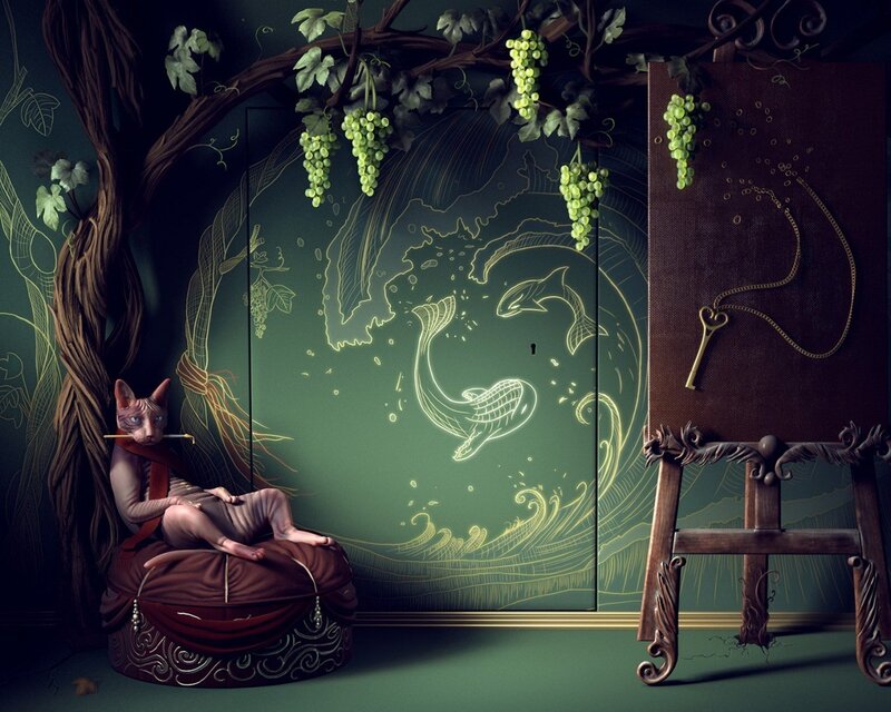 Sphinx Cat on Cushion — Green, Dreamy