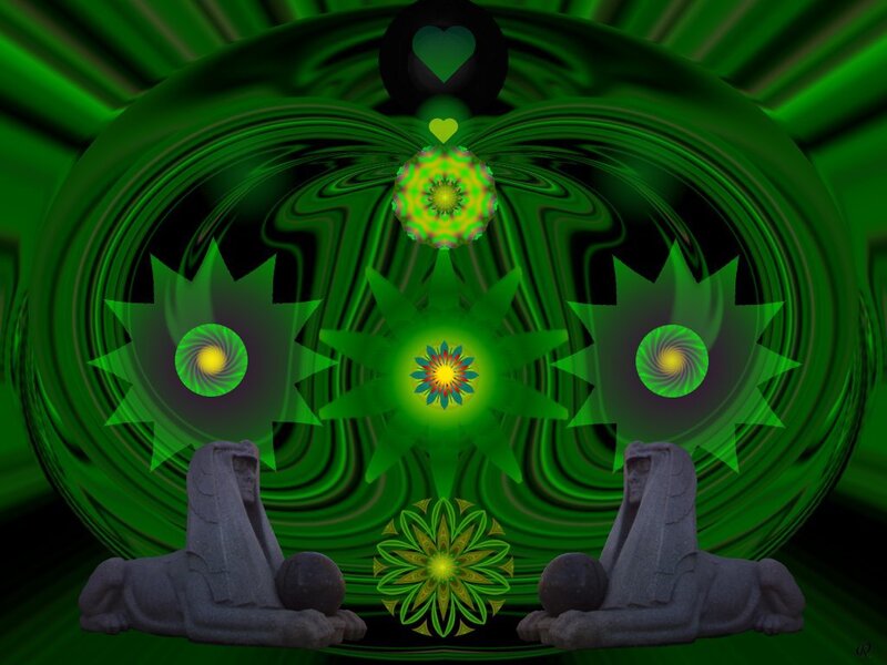 Sphinx Statues with Green Fractals