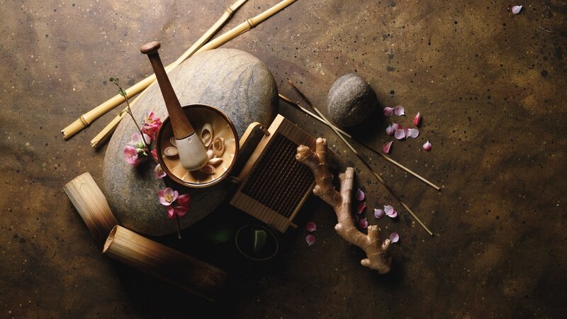 Spices and herbs on a rustic table